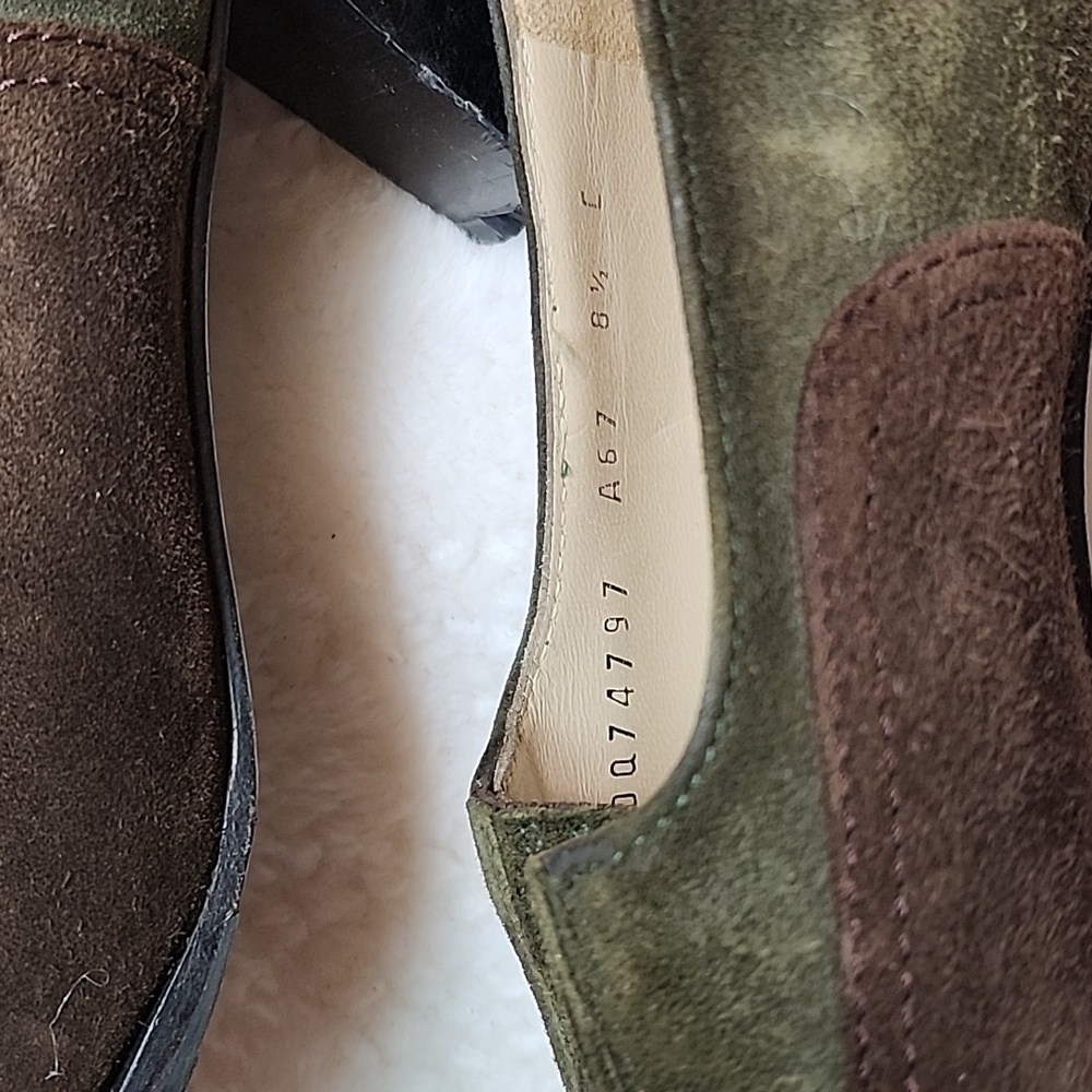 SalvatoreFerragamo Albia Vintage Chocolate Brown Green Suede Heel Loafers Sz8.5 - Picture 13 of 16